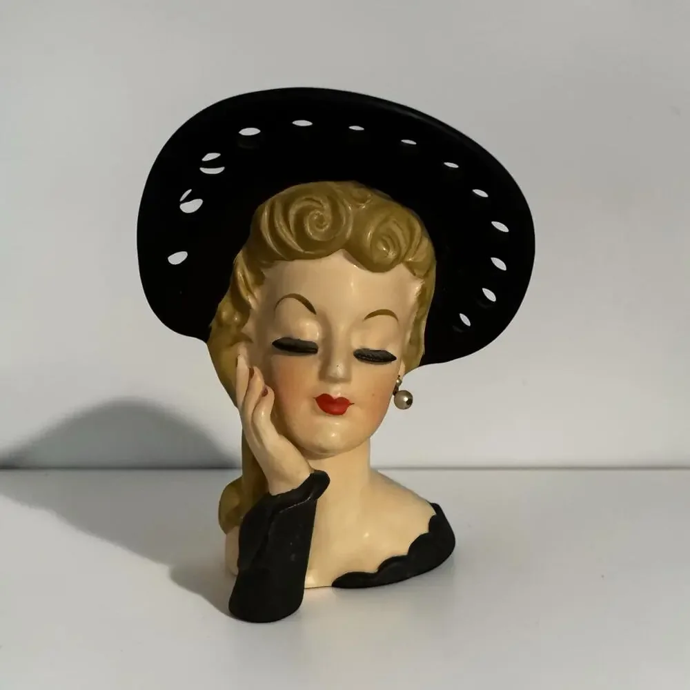 Vintage 1959 NAPCO Lady Head Vase C569/MA Blonde Black Wide Brim Hat Glove